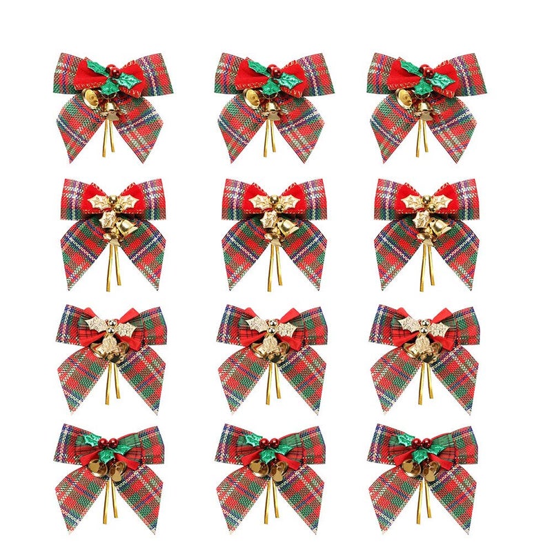 YBB 12 Pack Christmas Red Green Plaid Tree Bows, Linen Bowknot Wreath Bow with Jingle Bells for Christmas Garland Tree, Crafts, Wrapping, Wreath Xmas Hanging Ornaments Decor - Image 1